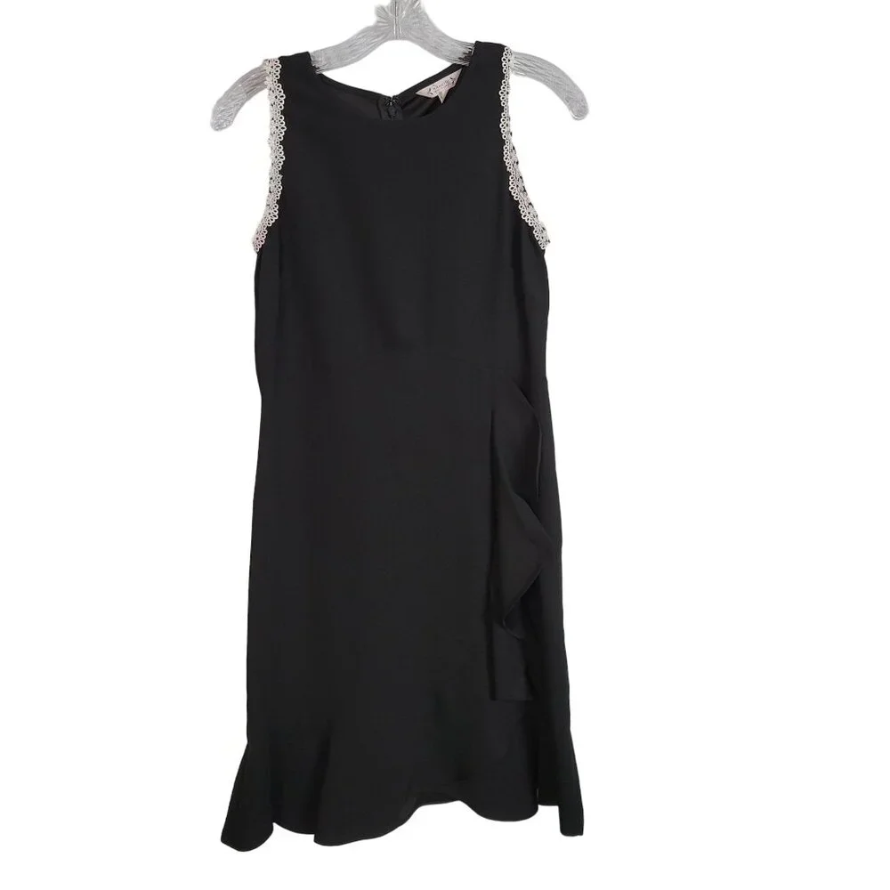 Nanette Lepore Sz 4 Dress Sleeveless Lace Trim Cascading Front Ruffle Flared Hem - Picture 2 of 11